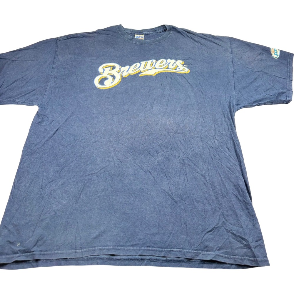 Gildan Milwaukee Brewers T-Shirt Mens 2XL Navy Blue Miller Lite Beer Pen Logo
